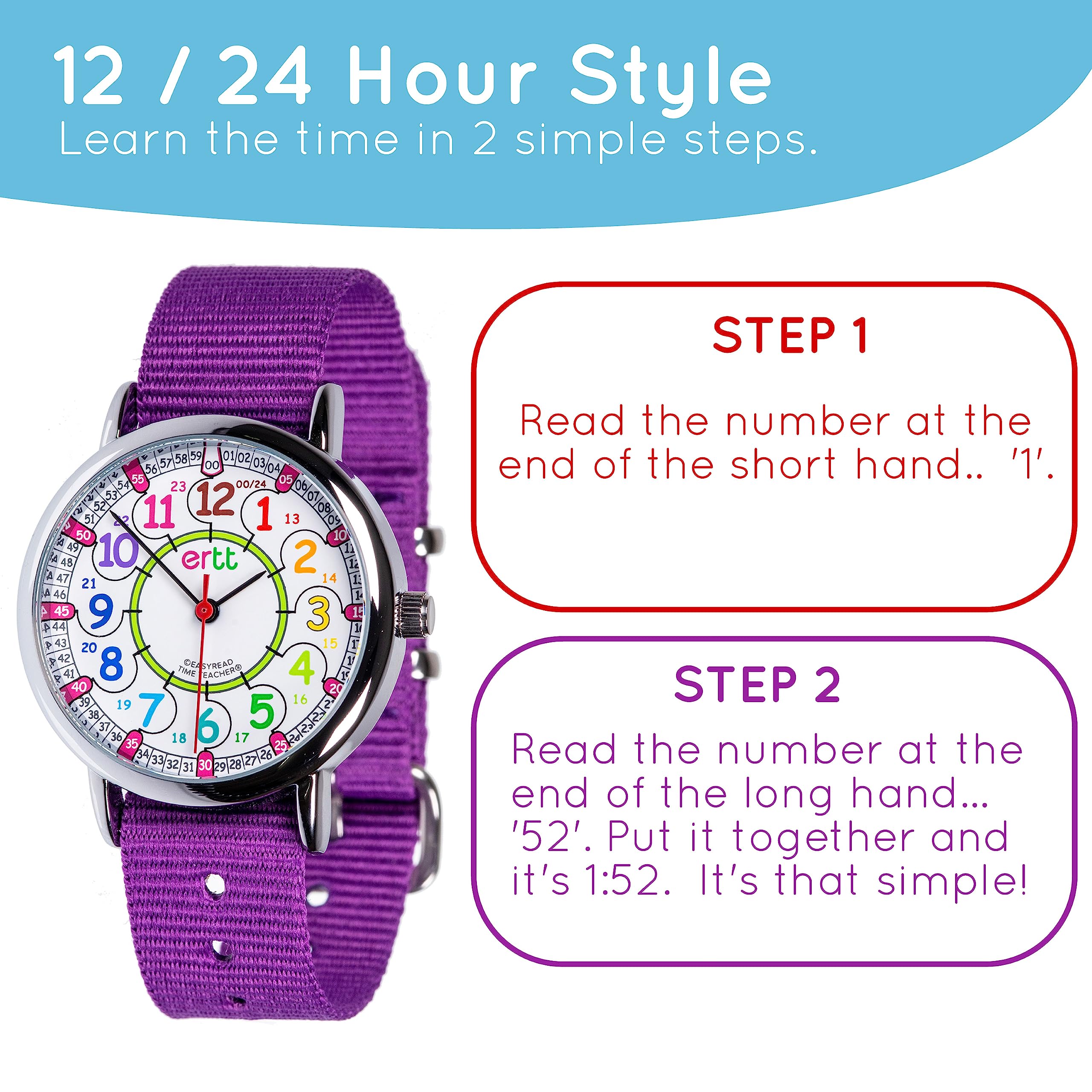 EasyRead Time Teacher Kids Watch - Back to School Gift - Girls & Boys Watches for Kids - Analog Teaching Watch - Tell The Time Childrens Watch - 2 Step Time Teacher Watch - Easy to Read 12-24 Hr Face