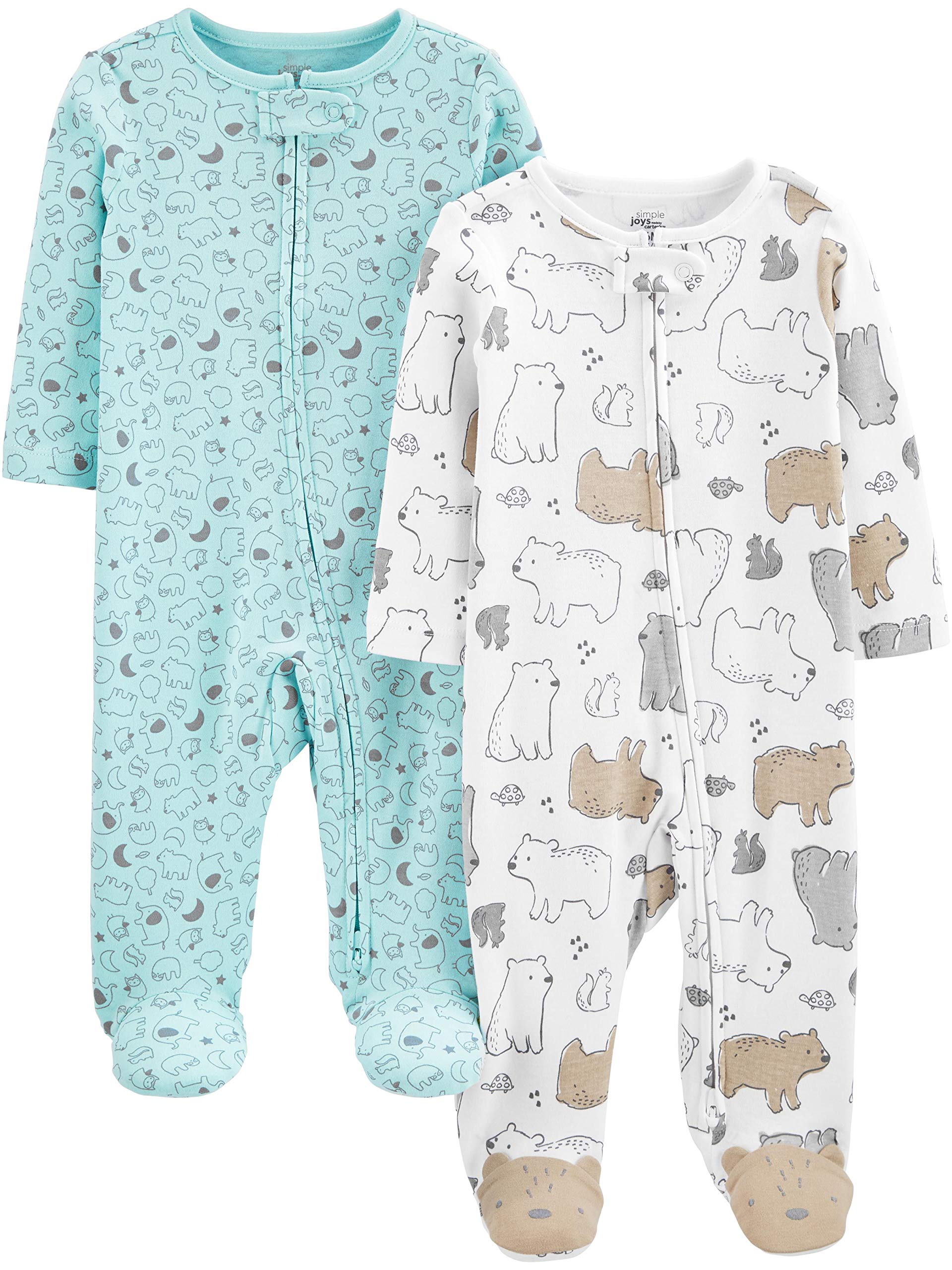 Simple Joys by Carter's Unisex Babies' Cotton Footed Sleep and Play, Pack of 2, Aqua Blue Forest Animals/White Bear, Preemie