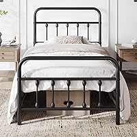Classic Metal Platform Bed Frame Mattress Foundation with Victorian Style Iron-Art Headboard/Footboard/Under Bed Storage/No Box Spring Needed/Twin Size Black