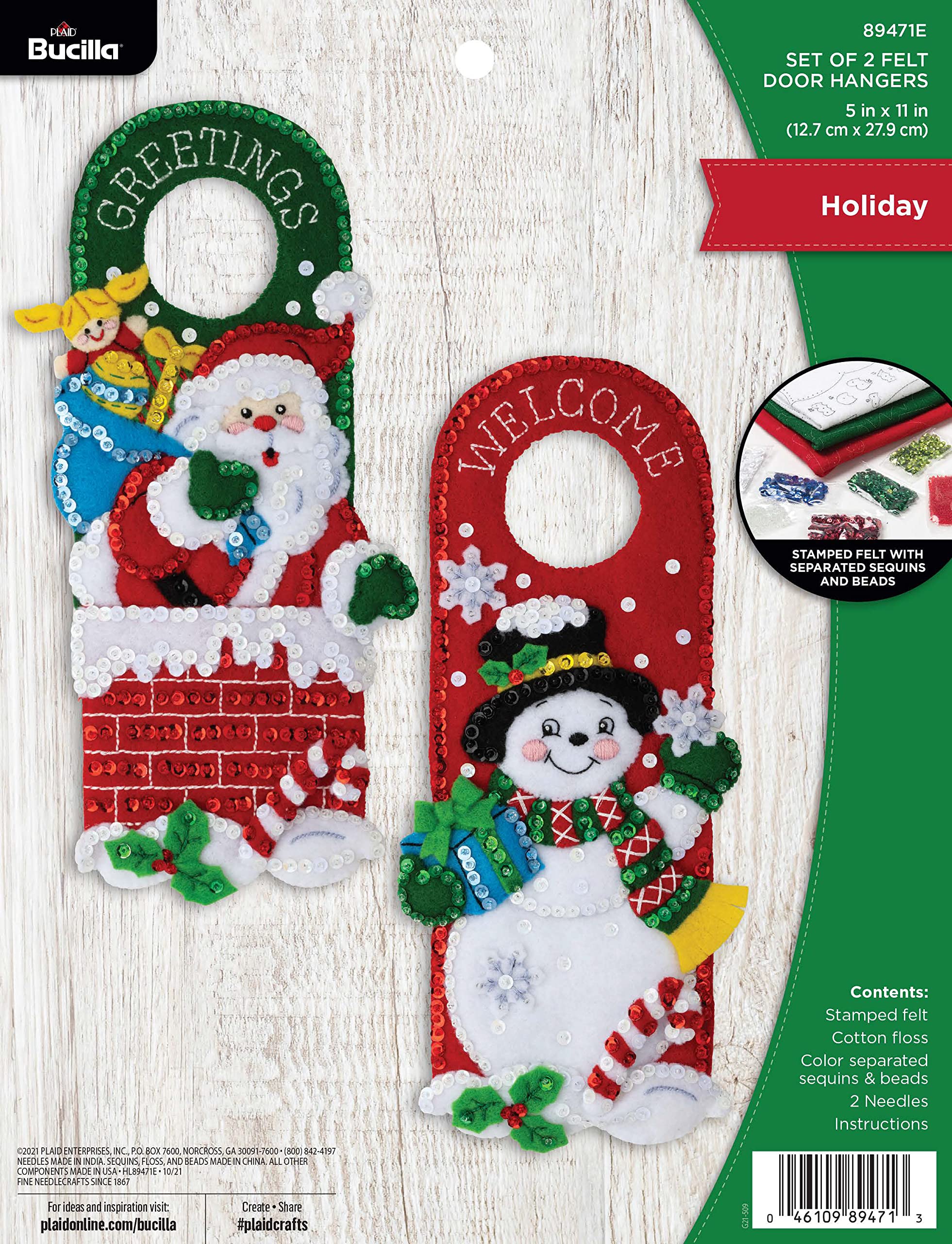 Bucilla, Holiday Christmas Set of 2 Felt Applique Door Hanger Making Kit, Supplies for DIY Needlepoint Arts and Crafts, 89471E