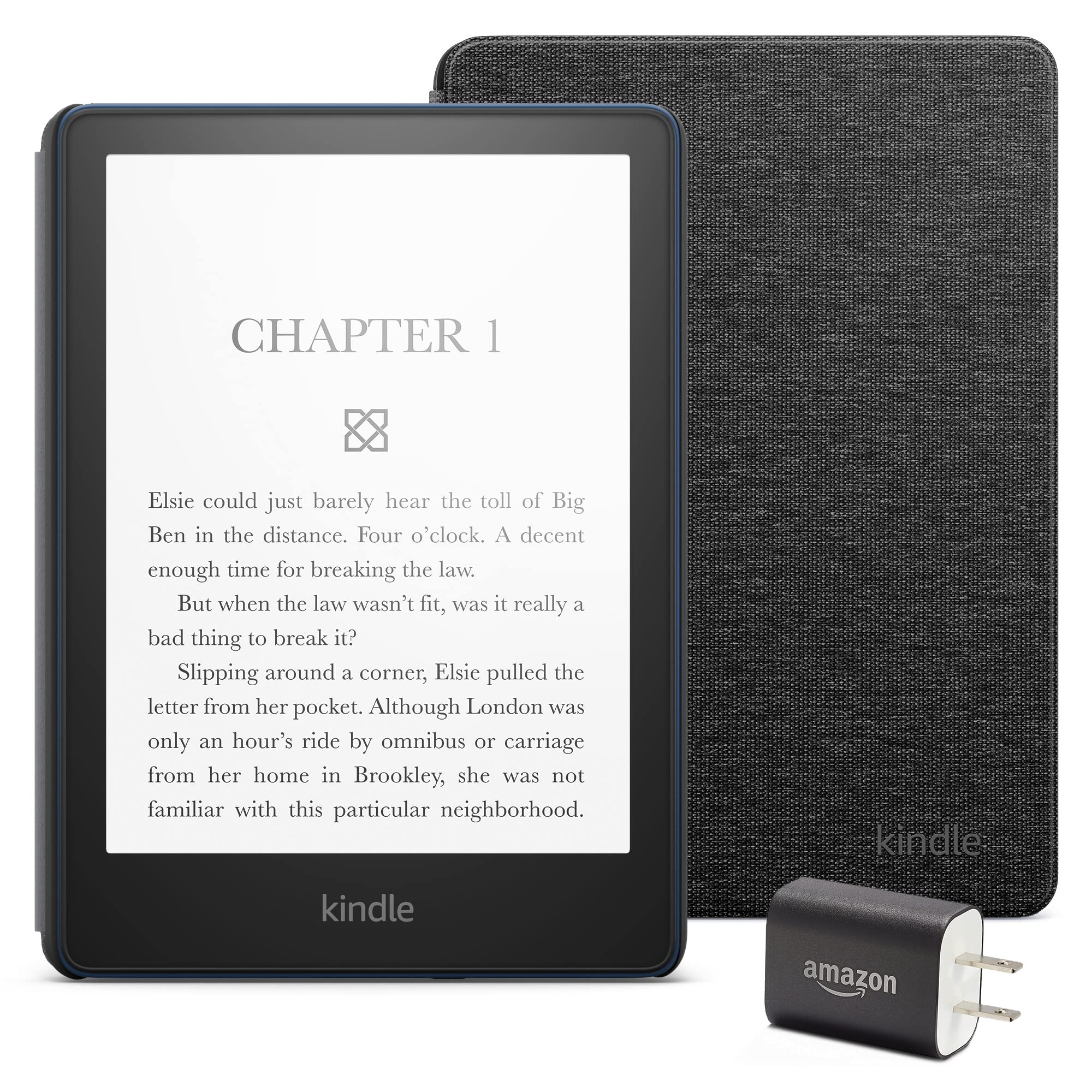 Kindle Paperwhite Essentials Bundle including Kindle Paperwhite (16 GB) - Denim, Fabric Cover - Black, and Power Adapter