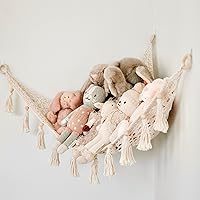 Macrame Hanging Net for Stuffed Toys - Corner Hammock Organizer for Plush Animals, Buttercream