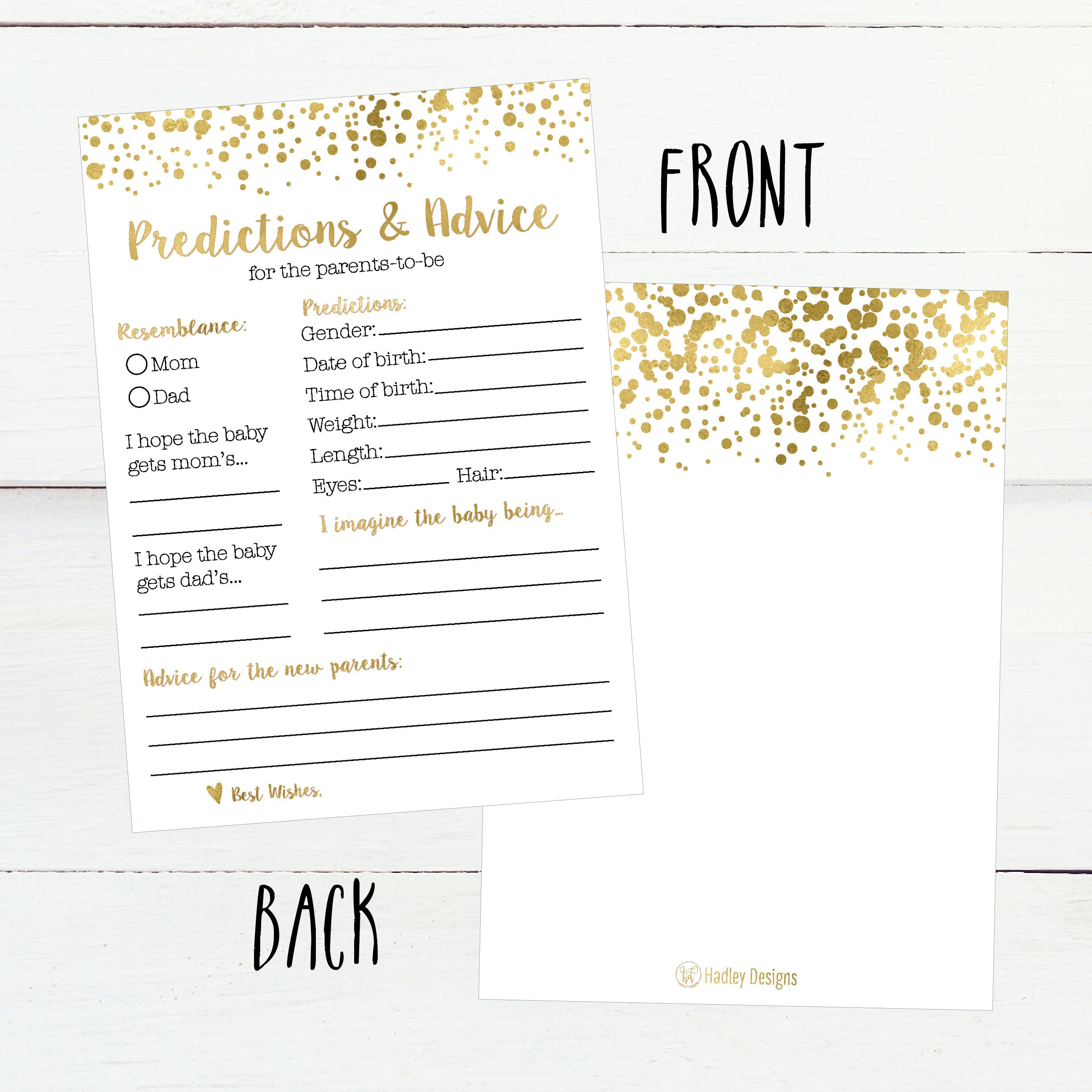 50 Gold Polka Dot Advice and Prediction Cards for Baby Shower Game, New Mom & Dad Card or Mommy & Daddy To Be, Girl or Boy Babies New Parent Message Advice Book, Fun Gender Neutral Shower Party Favors