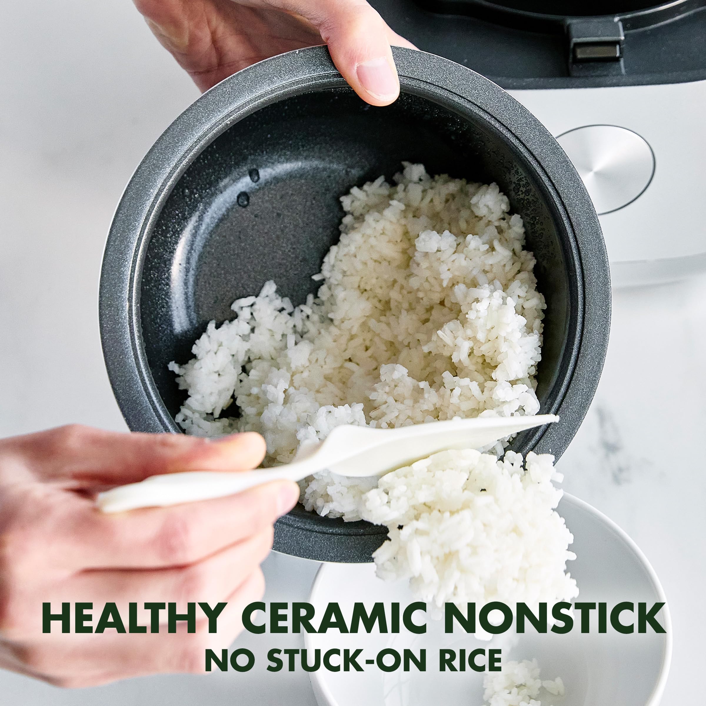 GreenPan Healthy Ceramic Nonstick Rice Quinoa Steel Cut Oats & Grains Cooker,Easy Meal Presets,4 Cups Uncooked (8 Cooked),Cool Touch,Compact,Warms, Steam,Removeable Bowl,Spatula Ladle&Cup, White