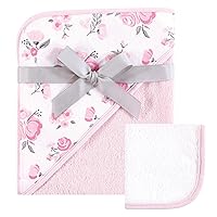 Hudson Baby Unisex Baby Cotton Hooded Towel and Washcloth, Pink Floral, One Size