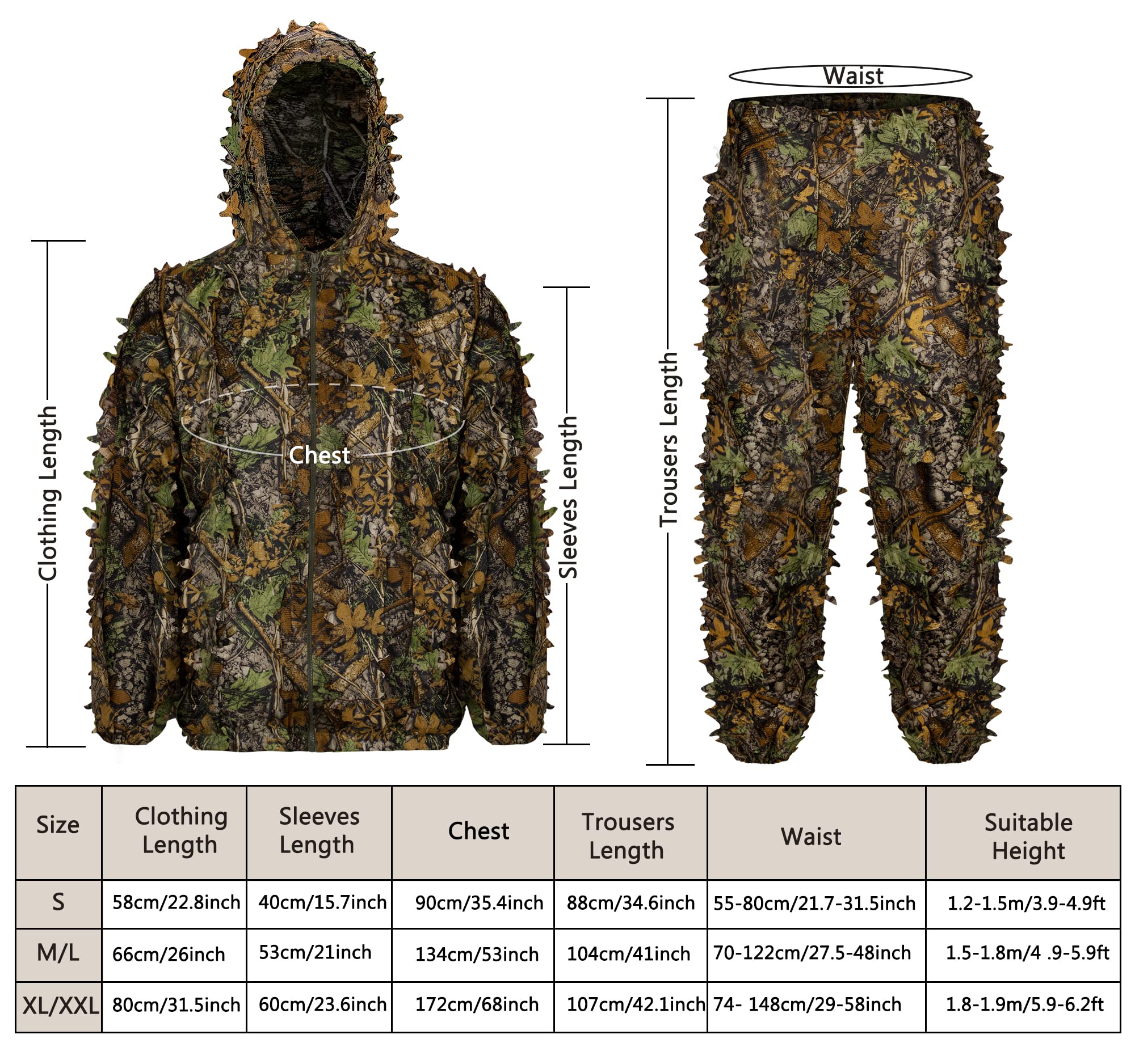 Ginsco 3D Leaf Woodland Ghillie Suit Camouflage Clothing for Outdoor Woodland, Sniper Costume Camo Outfit for Jungle Hunting, Military Game, Wildlife Photography, Halloween