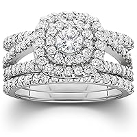 P3 POMPEII3 1 1/4ct Diamond Engagement Cushion Halo Wedding Ring Trio Set 10K White Gold