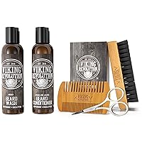 Beard Brush and Comb Set with Beard Shampoo and Conditioner Kit (5oz) Viking Revolution
