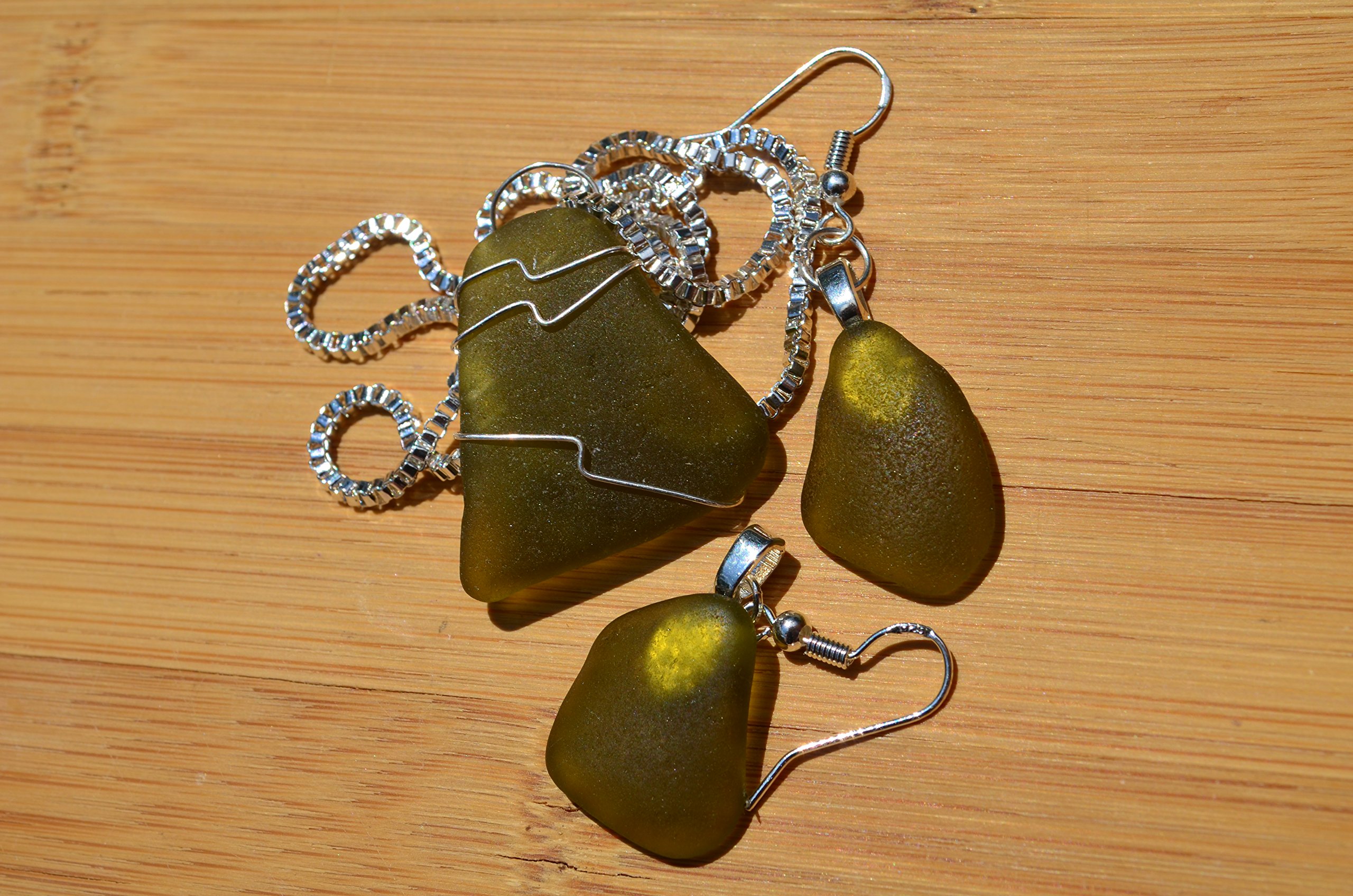 Genuine Olive Green Sea Glass Sterling Silver Earrings and Necklace Set
