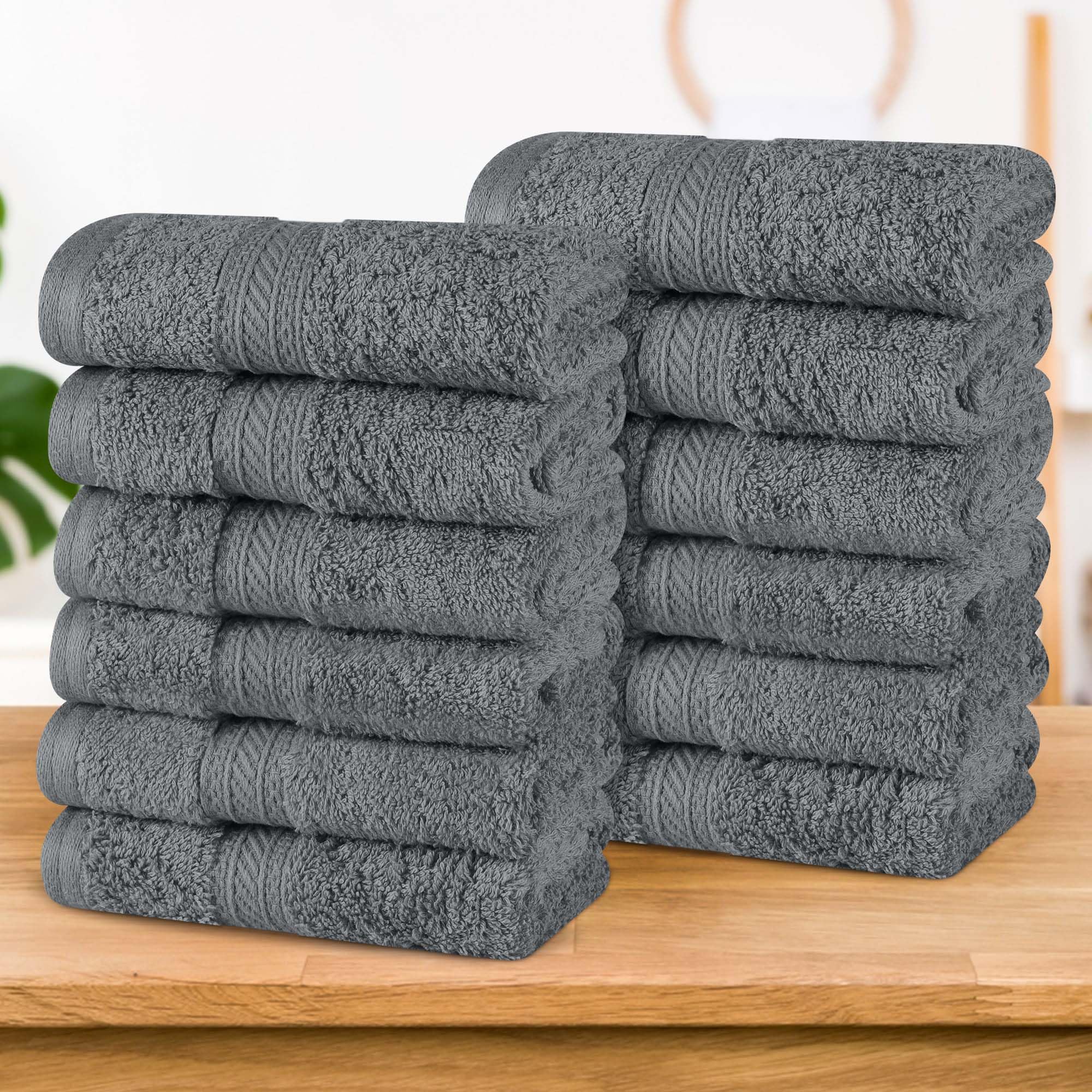 Superior Cotton Face Towels/Washcloth Set of 12, Home Essentials, Quick Dry, Luxury Bathroom Accessories, Basic Towels, Spa, Salon, Hotel, Resort, Thick, Ultra-Plush, Highly Absorbent, Grey