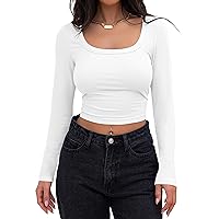 MEROKEETY Women's Long Sleeve Square Neck Crop Top Ribbed Slim Fitted Y2K Casual T-Shirt Tops