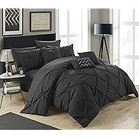 10 Piece Hannah Pinch Pleated, Ruffled and Pleated Complete Queen Bed in a Bag Comforter Set Black with Sheet Set