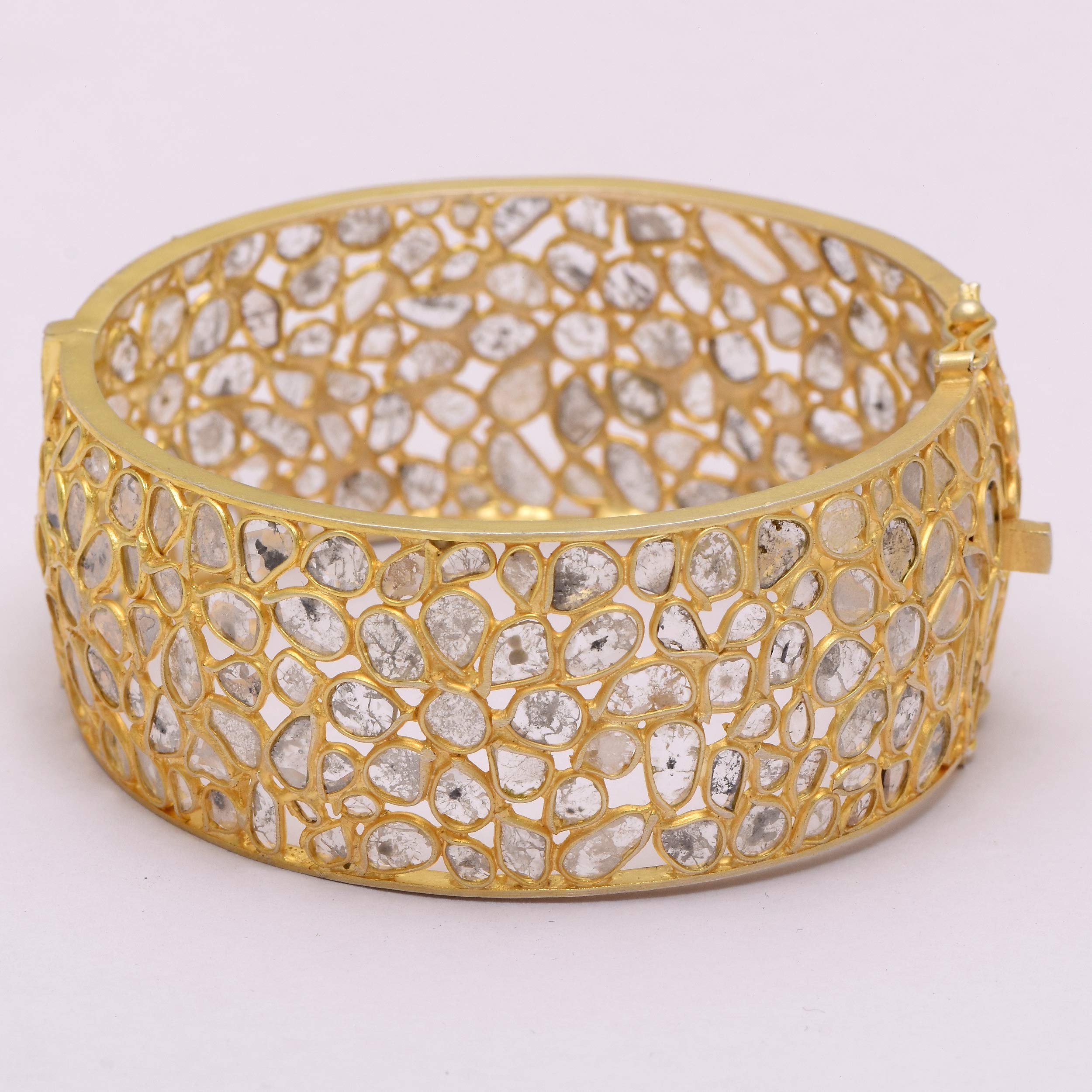 20.00 CTW Natural Diamond Polki Openable Bracelet Bangle 925 Sterling Silver 14K Gold Plated Slice Diamond Jewelry