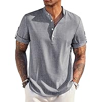 COOFANDY Men's Casual Henley Shirt Short Sleeve Band Collar Linen Shirt Summer Beach Hippie T-Shirts