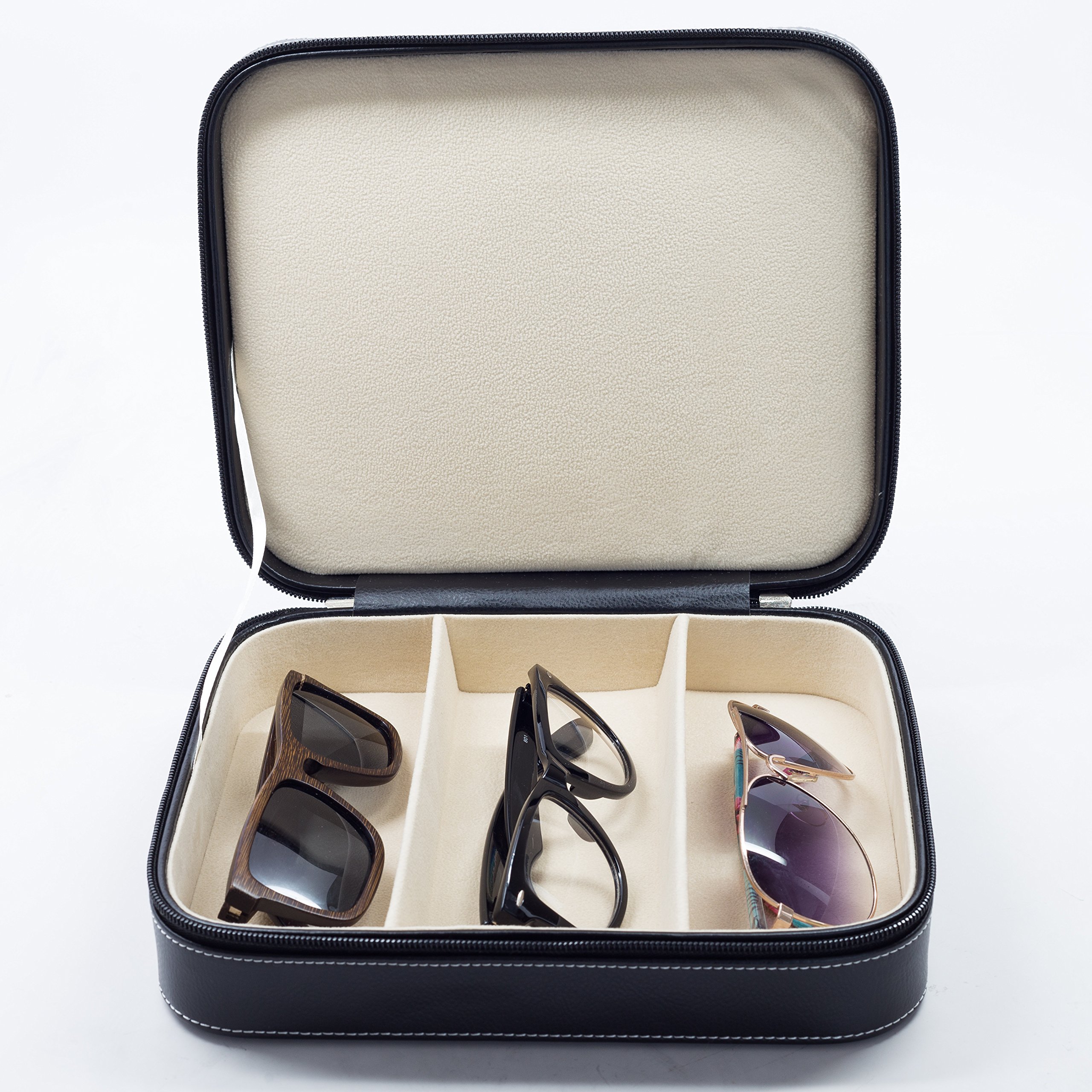 TIMELYBUYS 3 Piece Extra Large Travel Eyeglass Sunglass Glasses Zippered Case Storage Organizer Collector Box