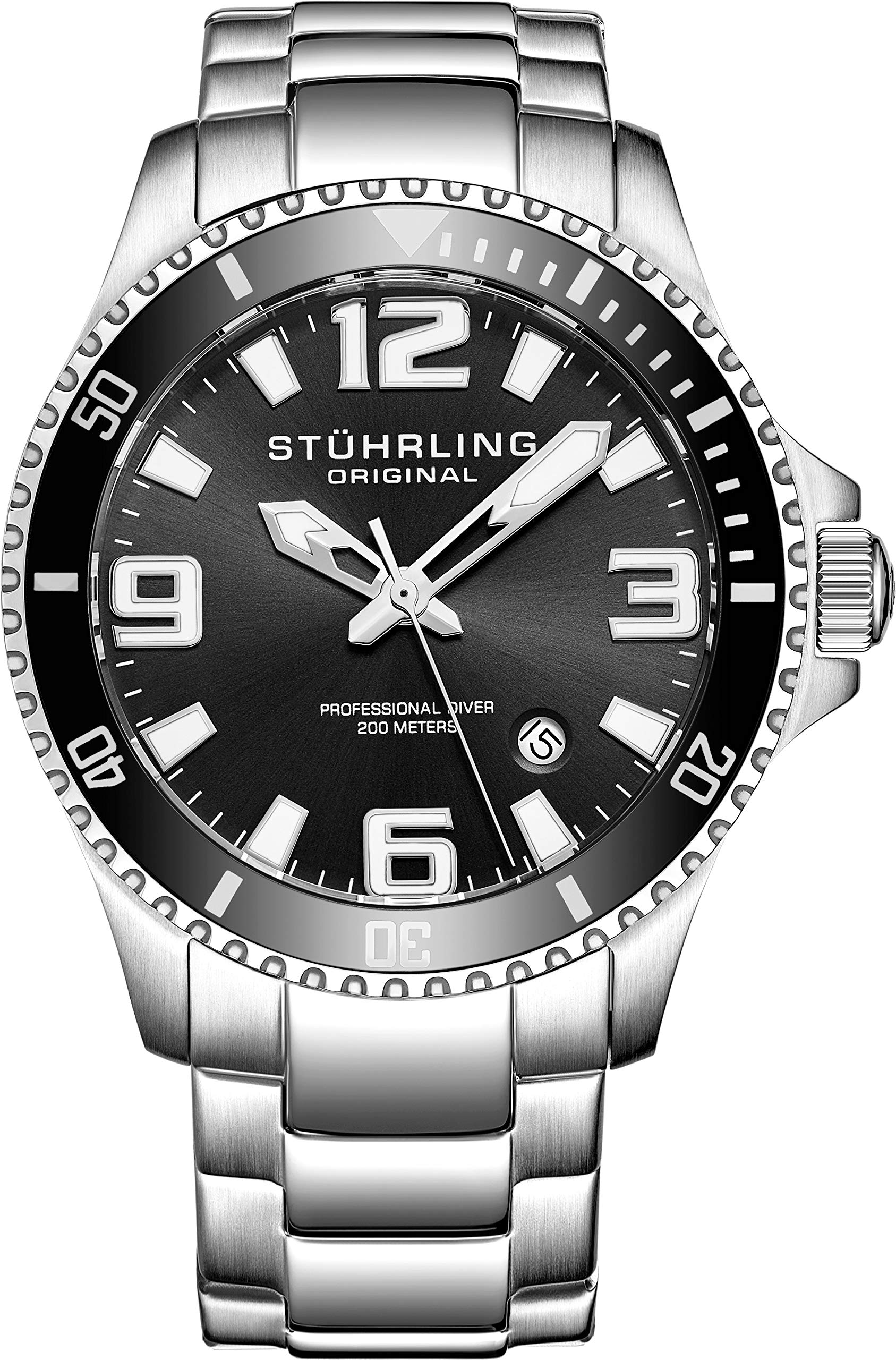 Stuhrling Original Mens Analog Dive Watch - Sports Watch Water Resistant 100 Meters - Watches for Men Aqua-Diver Stainless Steel Link Bracelet Mens Watches Collection (Black)