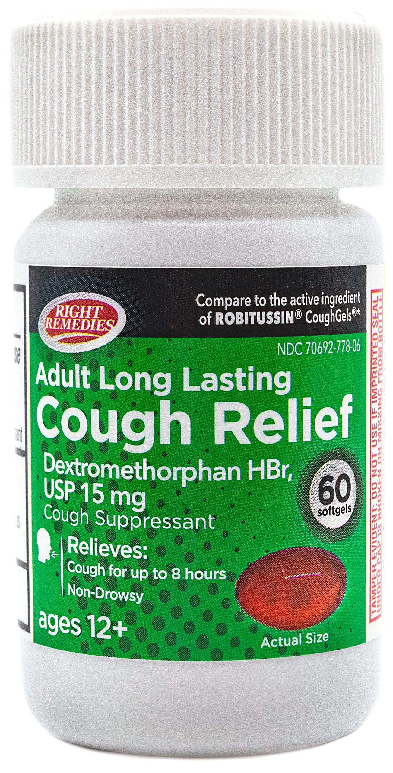 RIGHT REMEDIES Cough Relief Softgels, Dextromethorphan HBr 15mg, up to 8-Hour Long-Lasting, Non Drowsy Bronchial Suppressant (60 Softgels)