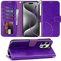 Arae Compatible with iPhone 15 Pro Max Case with Card Holder and Wrist Strap Wallet Flip Cover for iPhone 15 Pro Max 6.7 inch,Purple