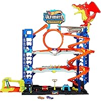 City Toy Car Track Set Ultimate Garage with 2 Die-Cast Toy Cars & Car-Eating Dragon, Stores 50+ Vehicles, 4 Levels