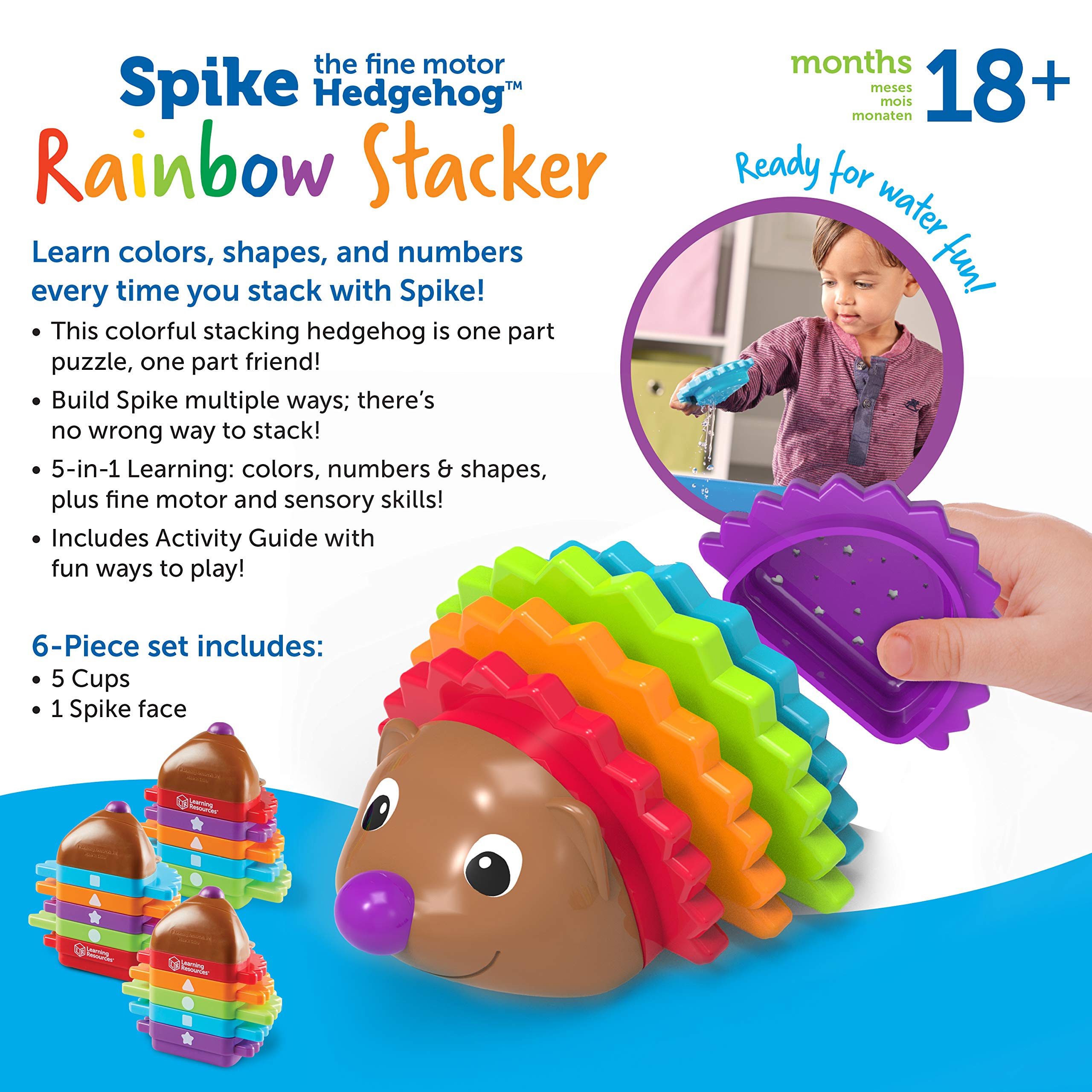 Learning Resources Spike the Fine Motor Hedgehog Rainbow Stackers - 6 Pieces, Ages 18+ months Stacking & Counting Toy for Toddlers, Montessori Toys
