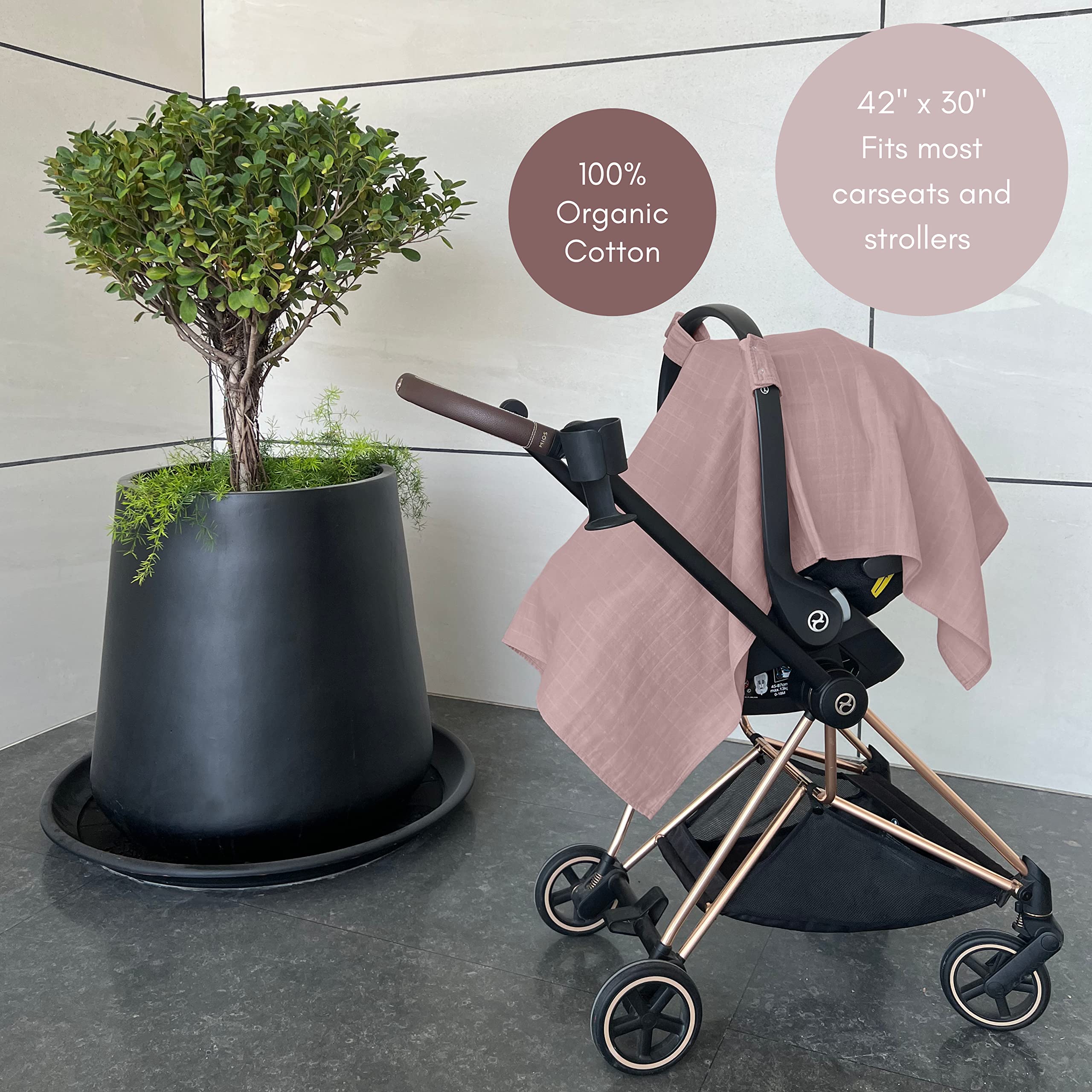 MOZAH 100% Organic Muslin Baby Car Seat Cover Muslin Carseat Canopy Baby Car Seat Covers for Girls (Pale Mauve)