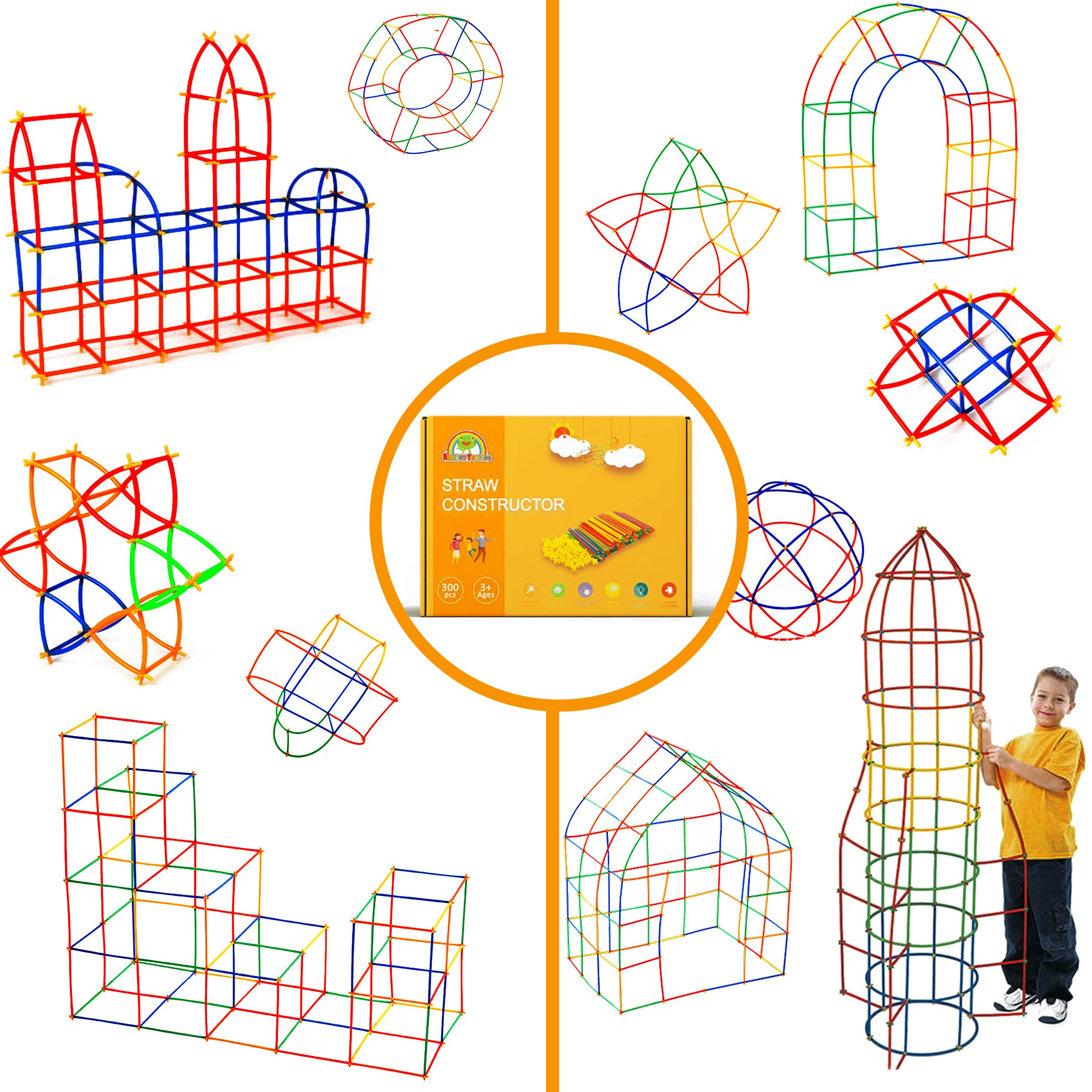 RAINBOW TOYFROG Building Straws and Connectors - STEM Blocks Construction Toys for Boys & Girls - 300 Pcs Straw Building Set - Engineering Connector Blocks for Kids