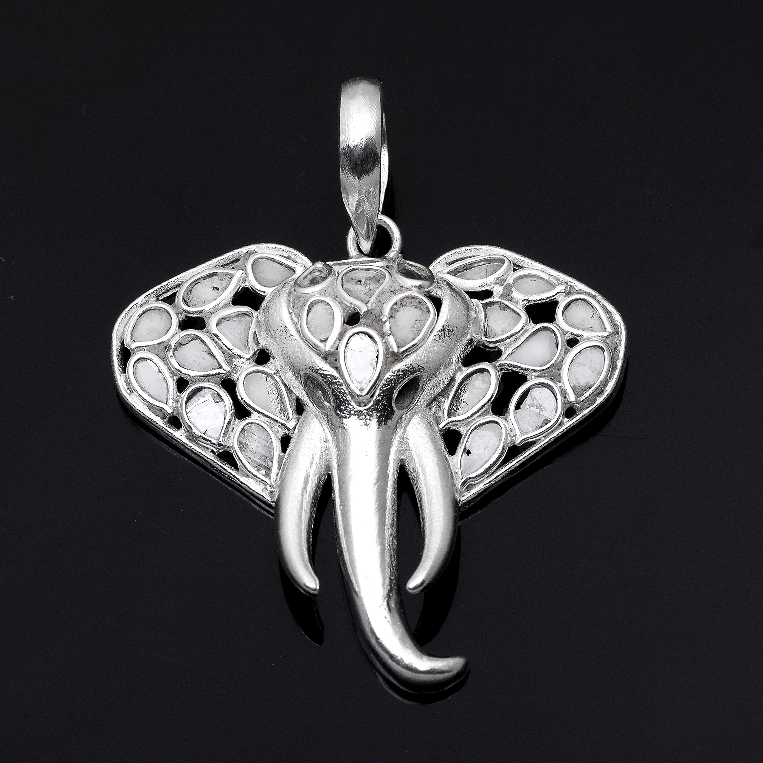 1.50 CTW Natural Diamond Polki Elephant Pendant 925 Sterling Silver Platinum Plated Slice Diamond Jewelry