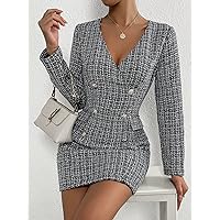 Dresses for Women Double Button Detail Tweed Dress (Color : Black and White, Size : Medium)