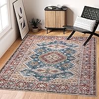 Rugland 6x9 Rug - Stain Resistant Washable Rug, Anti Slip Backing Rugs for Living Room, Vintage Tribal Area Rugs (TPR07-Blue, 6'x9')