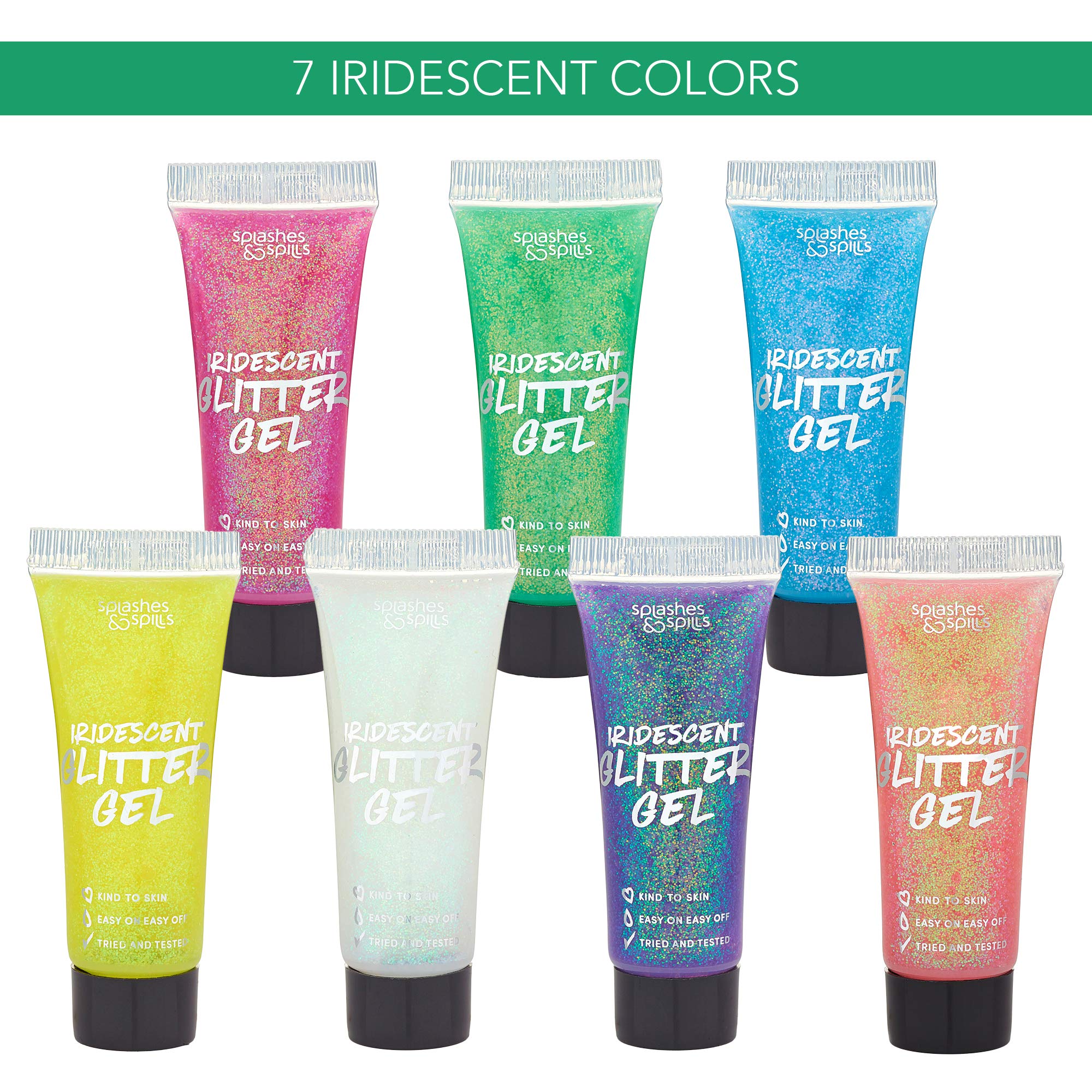 Iridescent Glitter Body Paint Gel - 7 Color Cosmetic Set 10 ml Tubes Shimmer for Hair, Body, Face - Great for Dress Up, Festival, Costume Party, Halloween - by Splashes and Spills