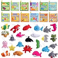 JOYIN 12 Pcs Baby Bath Books with 24 Pcs Mini Sea Animal Plush Toys, for Newborn Waterproof Bathtub Pool Toys Books, Infant Early Education First Toys for Toddlers Kids Birthday Gifts