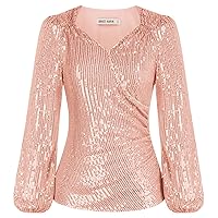 Women 2023 Glitter Sequin Tops Puff Long Sleeve Sparkle Shimmer Party Top Rose Gold M