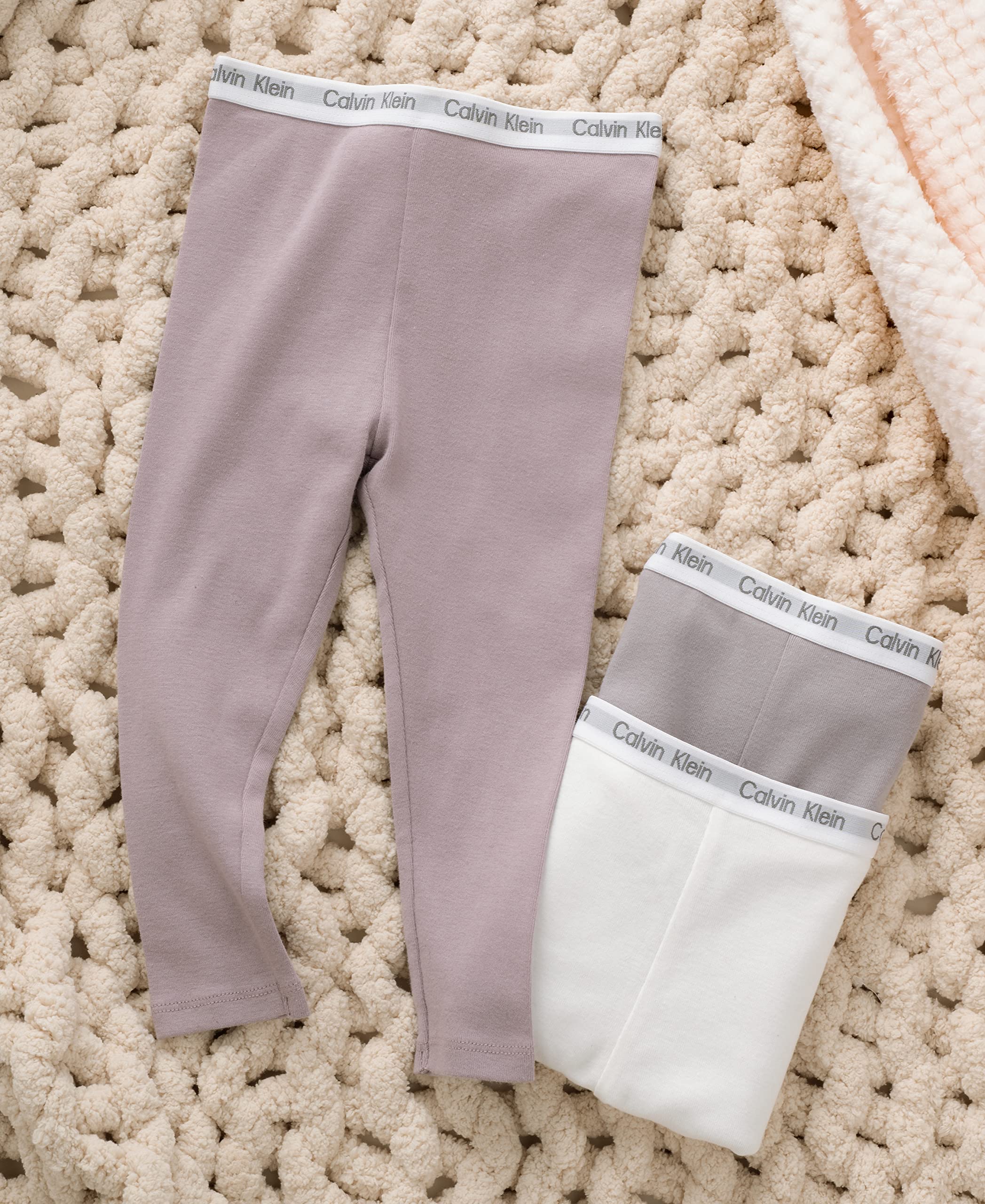 Calvin Klein Unisex Baby 3-Pack Cotton Pants, Everyday Casual Wear, Ultra-Soft & Comfortable Fit, Purple Dove/Egret/Gull, 0/3M