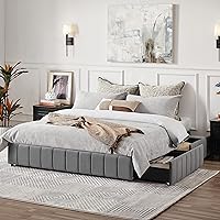Yaheetech Queen Upholstered Platform Bed with 4 Storage Drawers, No Fixed Headboard, Mattress Foundation with Wood Slat Support, No Box Spring Needed, Noise Free, Dark Grey