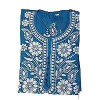 Chikan Embroidery Women Cotton Kurti, Attractive Teal Blue Knee Length Women Dress (XXL)