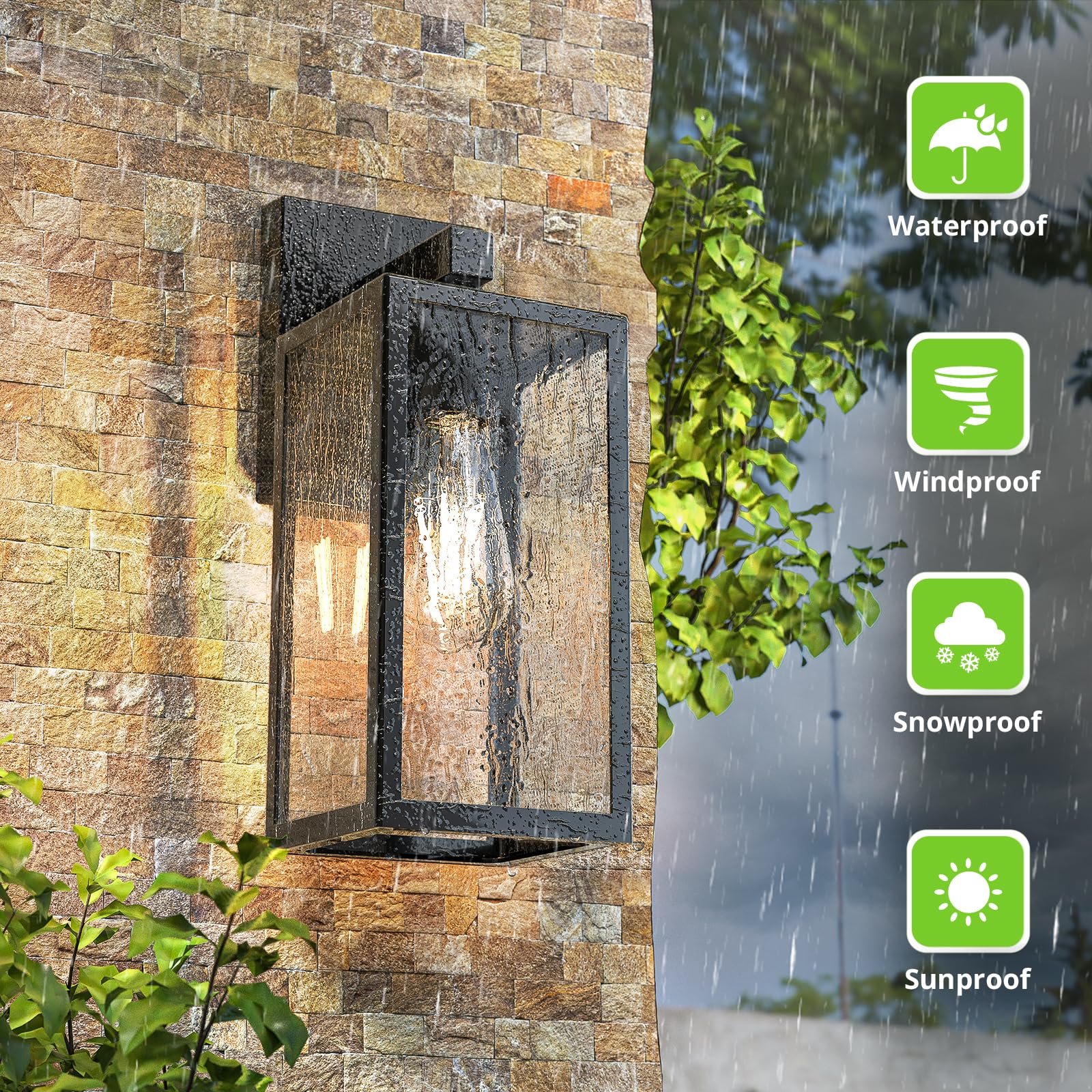 MAXvolador Outdoor Wall Sconce, Exterior Waterproof Wall Lantern Light Fixtures, Black Porch Lights with Toughened Glass Shade, Anti-Rust E26 Socket Front Door Wall Mount Lighting, 2 Pack
