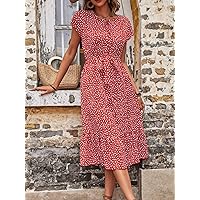 Summer Dresses for Women 2022 Heart Print Batwing Sleeve Ruffle Hem Belted Dress Dresses for Women (Color : Red and White, Size : Medium)