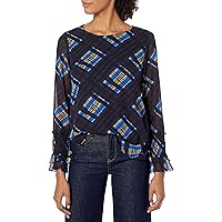 Nanette Nanette Lepore Women's Long Sleeve Printed Jeewel Neck Blouse with Smocked Cuff Detail