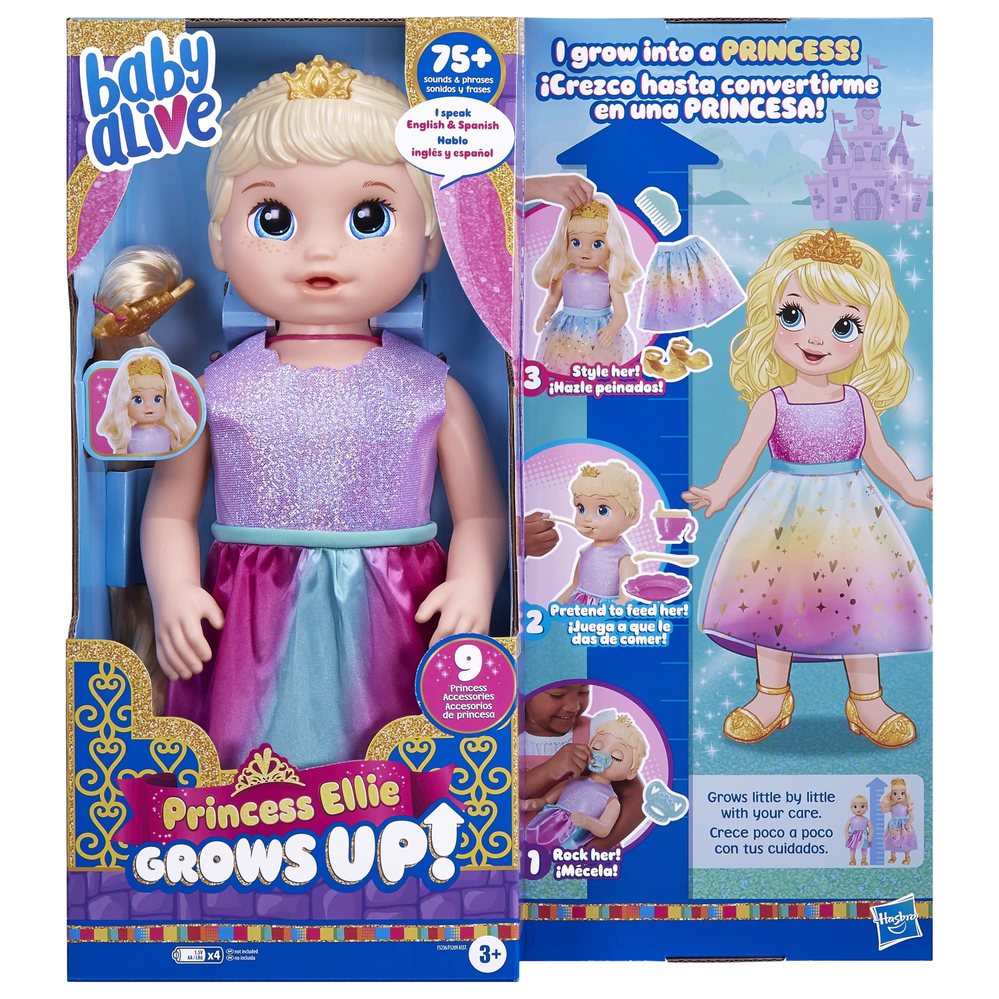 Baby Alive Princess Ellie Grows Up! Interactive Doll with Accessories, Toys for 3+ Years, 18-Inch