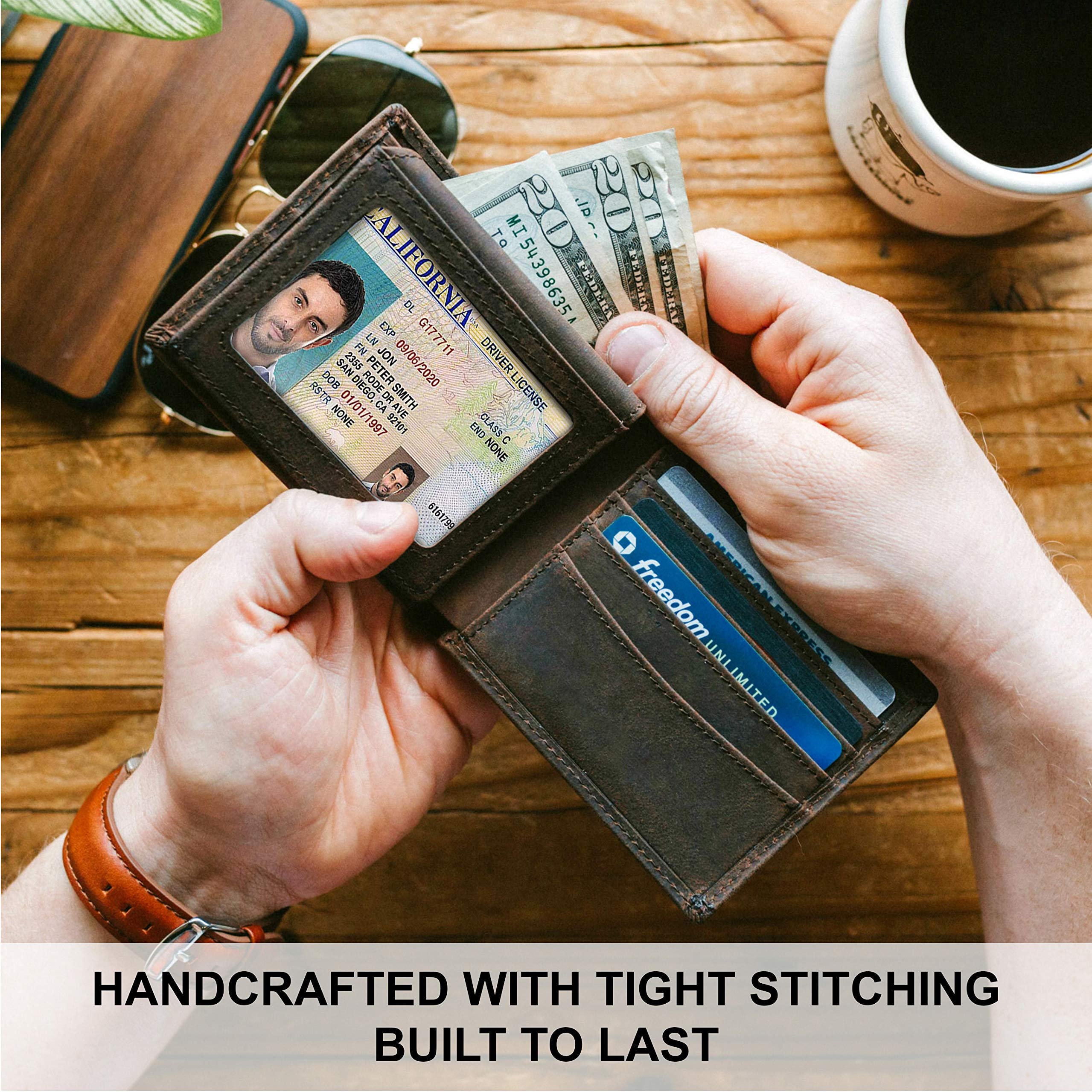 STAY FINE Top Grain Leather Wallet for Men | RFID Blocking | Extra Capacity Bifold Wallet with 2 ID Windows | Ultra Strong Stitching | Slim Billfold with 8 Card Slots | Gift for Him