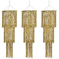 Beistle 3 Piece Three Tier Metallic Gold Plastic Shimmering Hanging Chandeliers For New Year's Eve Party Decorations Or 20's Theme Décor, 4'