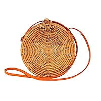 Handmade Vintage Boho Bali Round Straw Rattan Leather Straps Clutch Shoulder Crossbody Messenger Satchel Beach Handbag