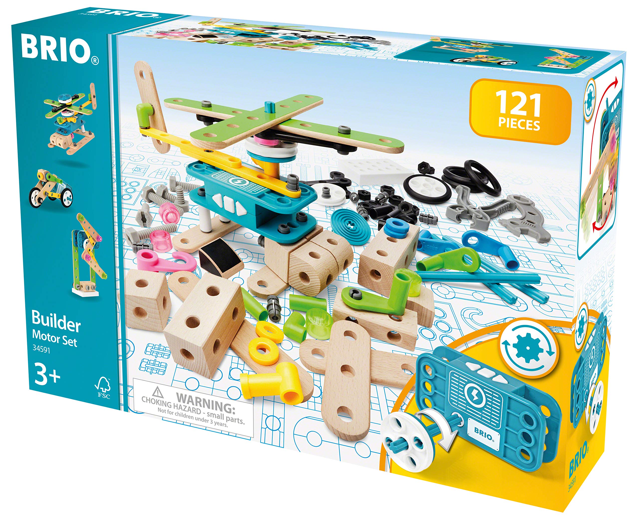 Brio Builder 34591 - Builder Motor Set - 120 Piece Construction Set STEM Toy with Wood and Plastic Pieces and a Motor for Kids Age 3 and Up