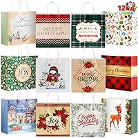JOYIN 12 PCS Christmas Kraft Paper Gift Bags 12'' X 12'' X 5'' Xmas Gift Bags 12 Designs with Handles for Holiday Present Wrapping, Classrooms and Party Favors