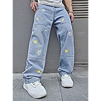 Jeans for Men Men's Jeans Men Floral Embroidery Straight Leg Jeans (Color : Light Wash, Size : X-Large)