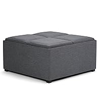 SIMPLIHOME Avalon 35 inch Wide Contemporary Square Coffee Table Storage Ottoman in Slate Grey Linen Look Fabric for the Living Room and Bedroom