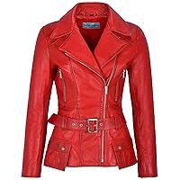 Smart Range Trench Ladies Real Leather Jacket Red Napa Mid Length Casual Biker Style 2812