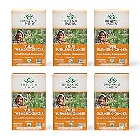 Organic India Tulsi Turmeric Ginger Herbal Tea - Holy Basil, Stress Relieving & Harmonizing, Immune Support, Healthy Inflammatory Response, Aids Digestion, Caffeine-Free - 18 Infusion Bags, 6 Pack