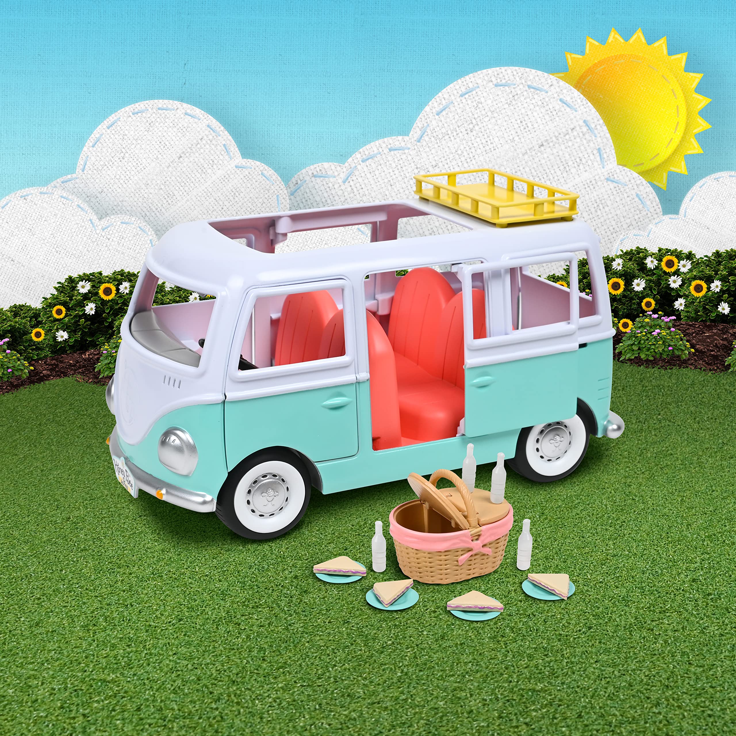 Sunny Days Entertainment Honey Bee Acres Around Town Van - 14 Accessory Pieces and Exclusive Doll | Flocked Collectible Figures