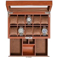 ROTHWELL Leather Watch Box with 10 Compartments, Luxury Watch Case, Display Organiser, Lockable Jewelry Watch Holder with Glass Lid (Light Brown/Brown)